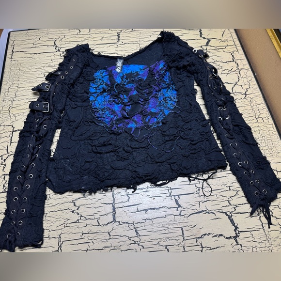 VTG Lip Service Bio Threat Distressed Long Sleeve Top Shirt Goth 90s Y2K buckles - Picture 6 of 16